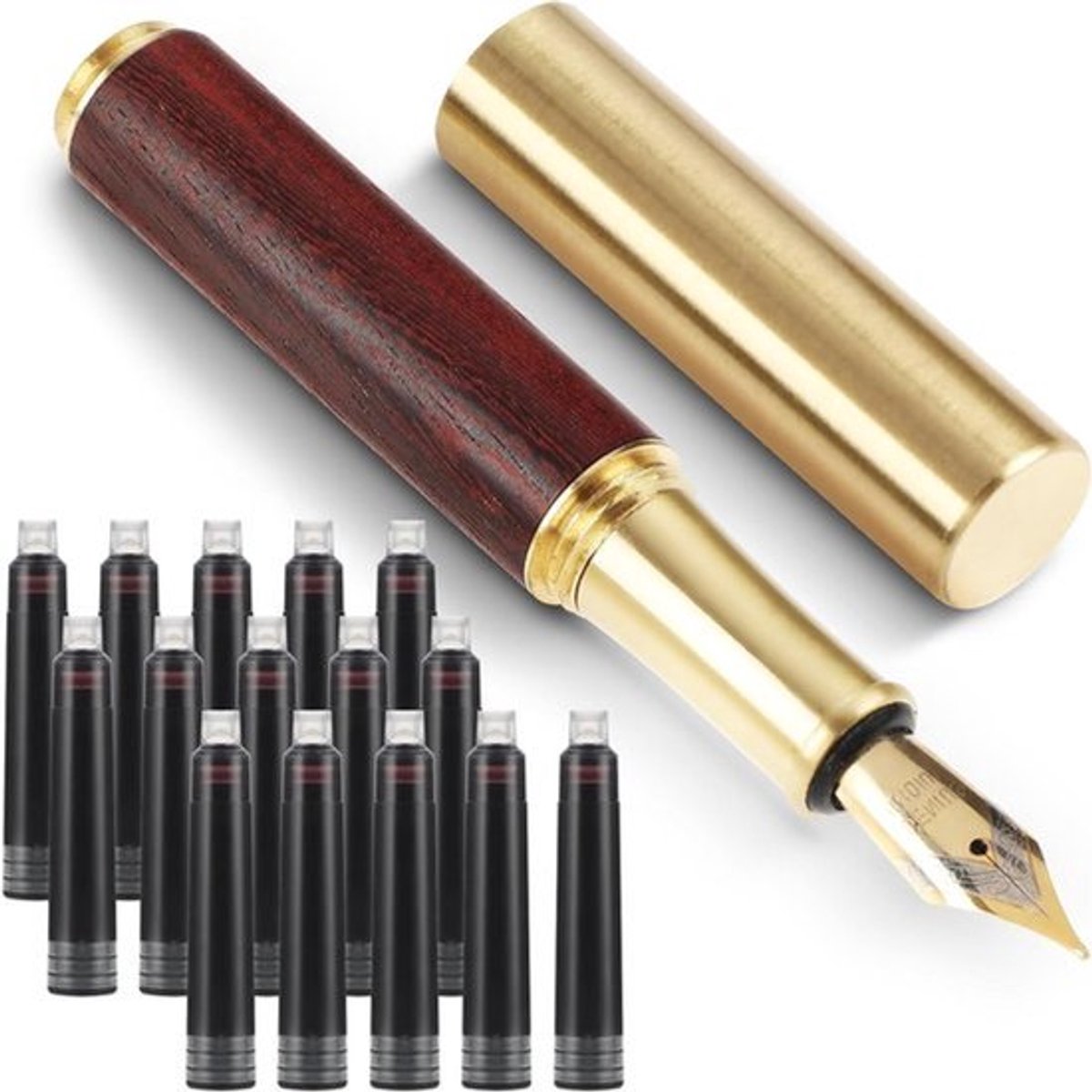 Mini Houten Vulpen - Korte zakreis - Fijne nippel - Fancy pennen - Glad schrijven - 15 stuks 26 mm zwarte inktpatronen