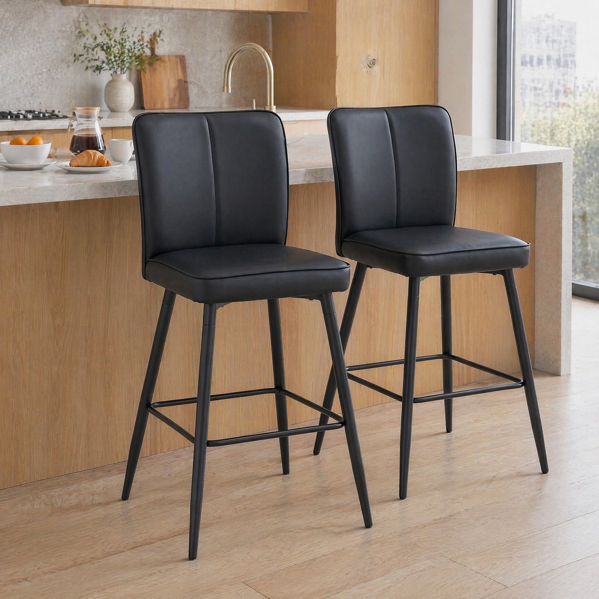 MODENUIT Barkruk 101 cm - Set van 2 Met Rugleuning En Voetensteun - Voor Keukenbar - Kunstleer Zwart