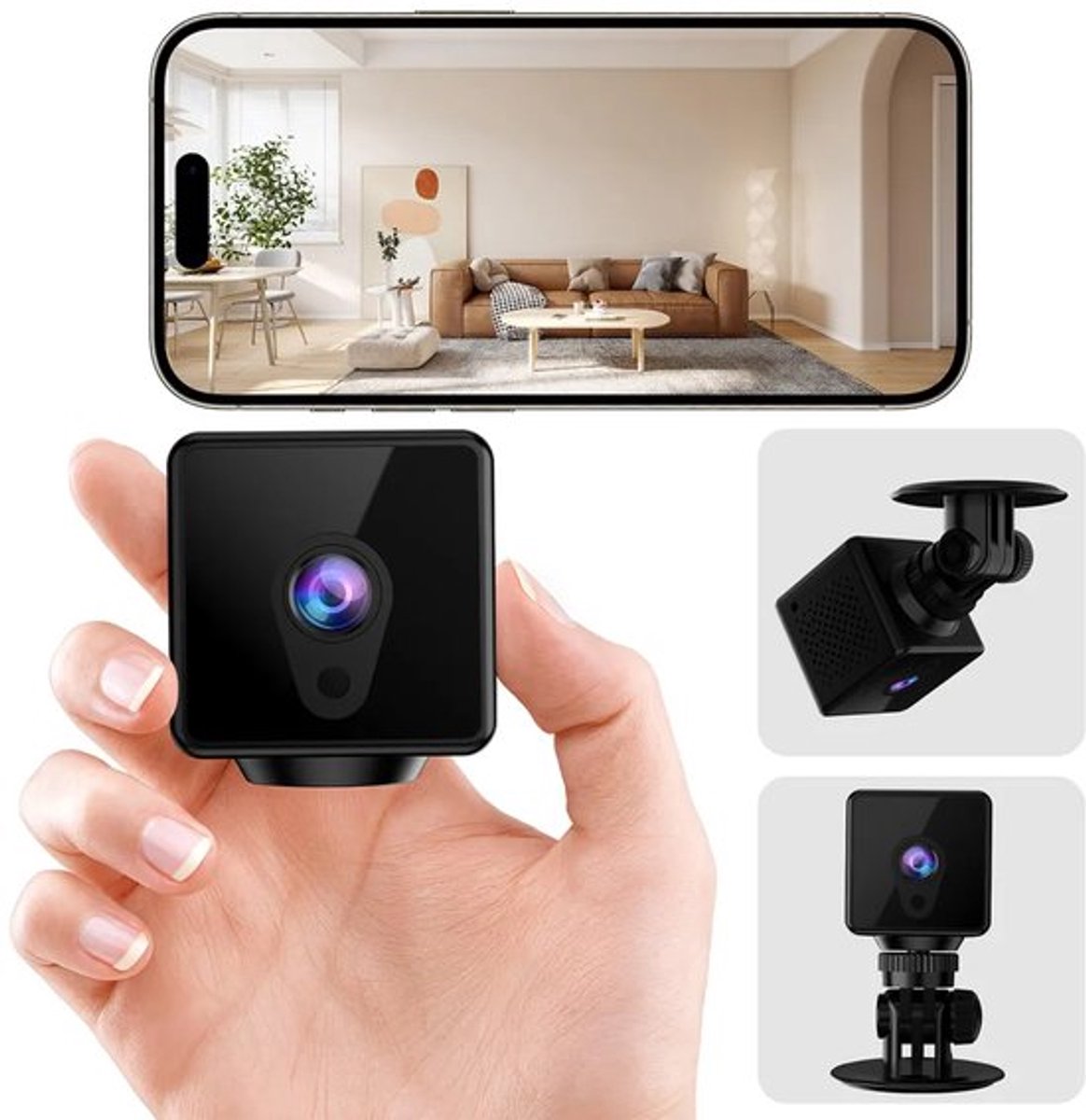 Minicamera, 1080P bewakingscamera voor binnen, ondersteunt realtime beeldoverdracht, mobiele app, wifi-verbinding en beschikt over babyfoon- en bewegingsdetectiefuncties.