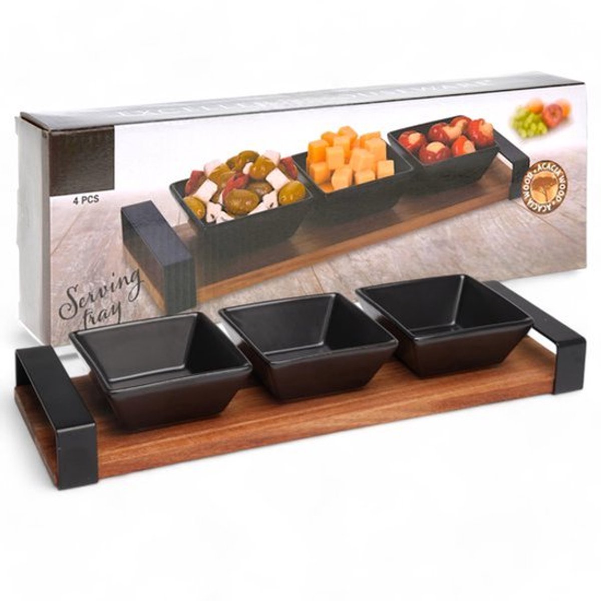 4-delige serveerset - Elegante acacia houten plaat met 3 keramieken kommen - Ideaal voor tapas, dips en snacks