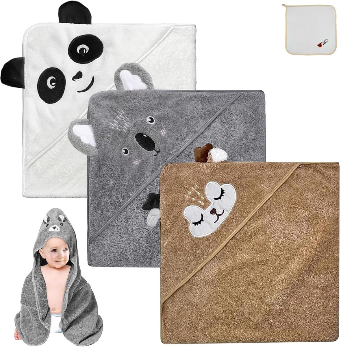 SnelShoppen - 3 Pack Baby Badhanddoek met Kap, 80 x 80 cm, Schattige Dierenpatronen in Wit, Bruin en Grijs, Zacht en Super Absorberend voor Kinderen