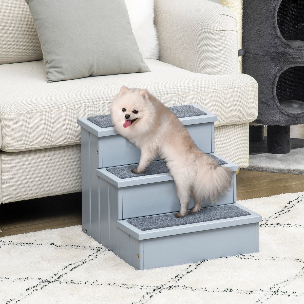 FloraGrace Haustiertrap – 40,5 x 44,5 x 38 cm – 3 Treden Met Opbergruimte – Hout – Grijs – Voor Kleine Honden En Katten