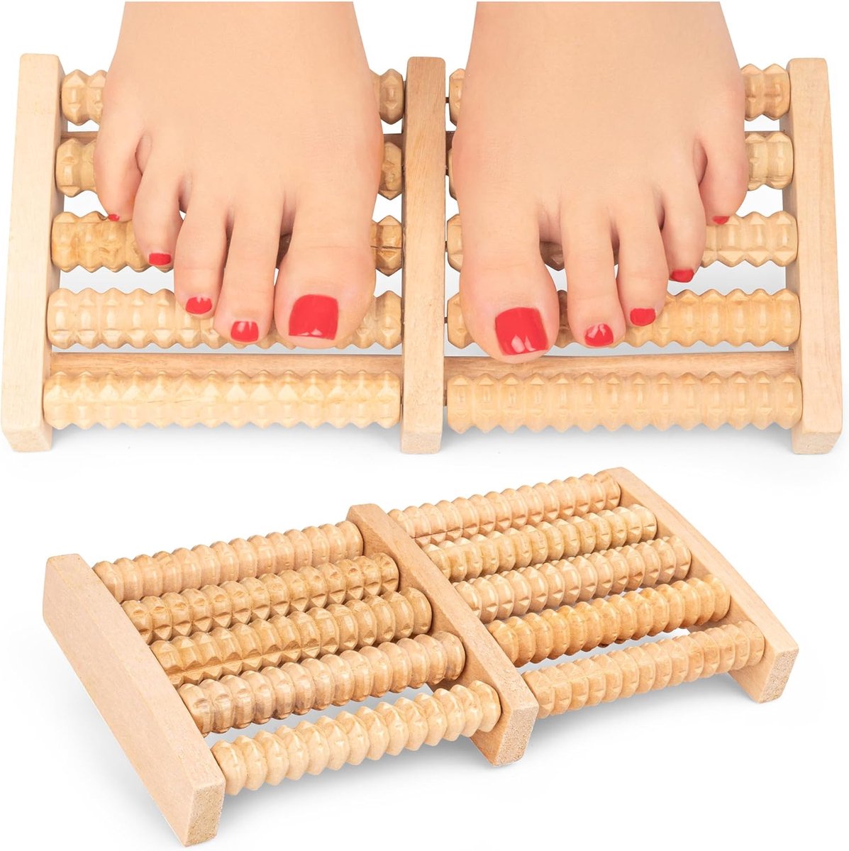 SnelShoppen - Houten Voetmassager, Dubbele Voetroller, Traditionele Voetmassage Roller, 10 Massagerollen, Verlicht Voetpijn, Bevorderd Bloedcirculatie