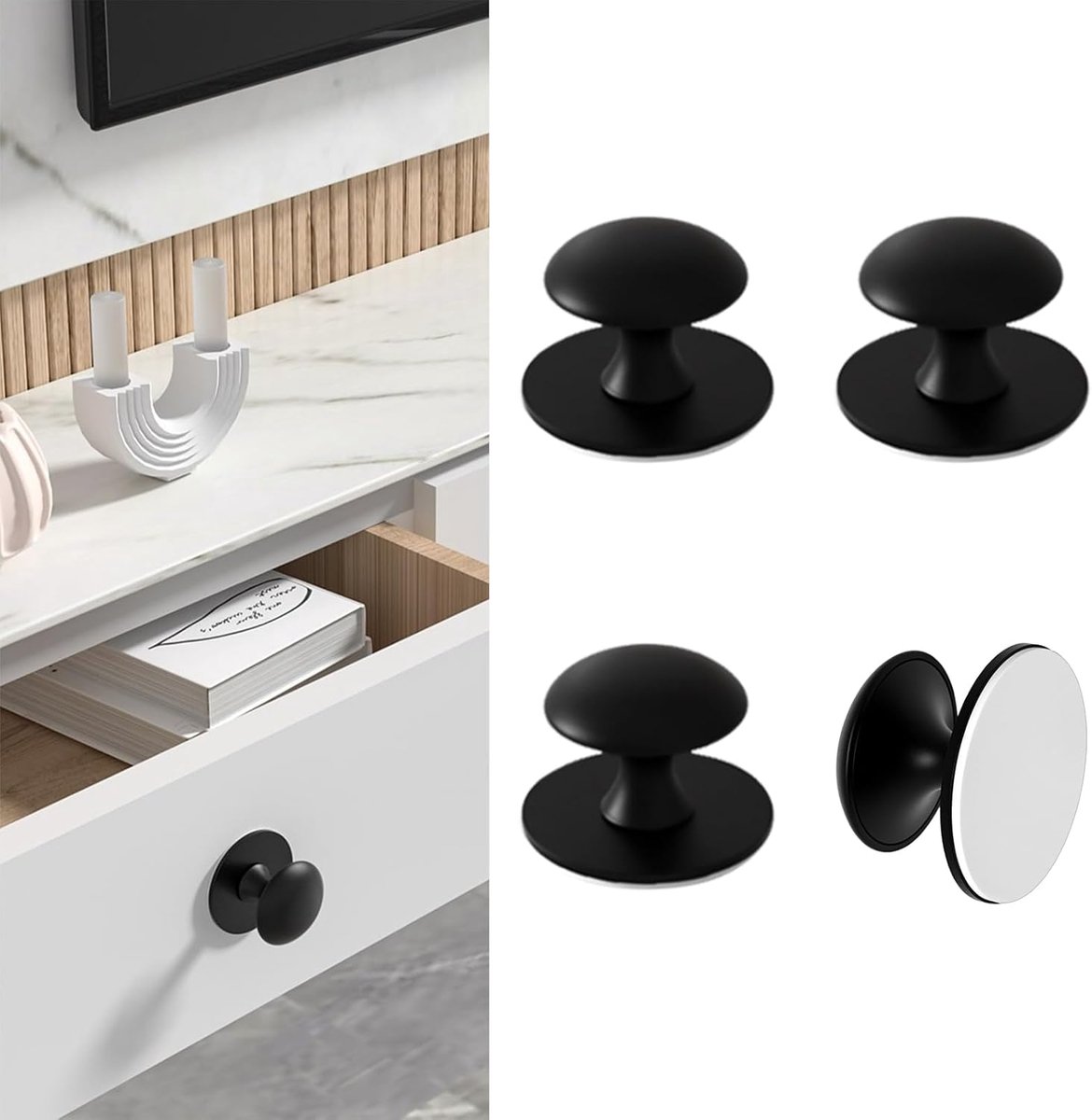 SnelShoppen - 4 Pcs Zelfklevende Knoppen voor Keuken, Zwart RVS Kastknoppen, Stick Knop vo