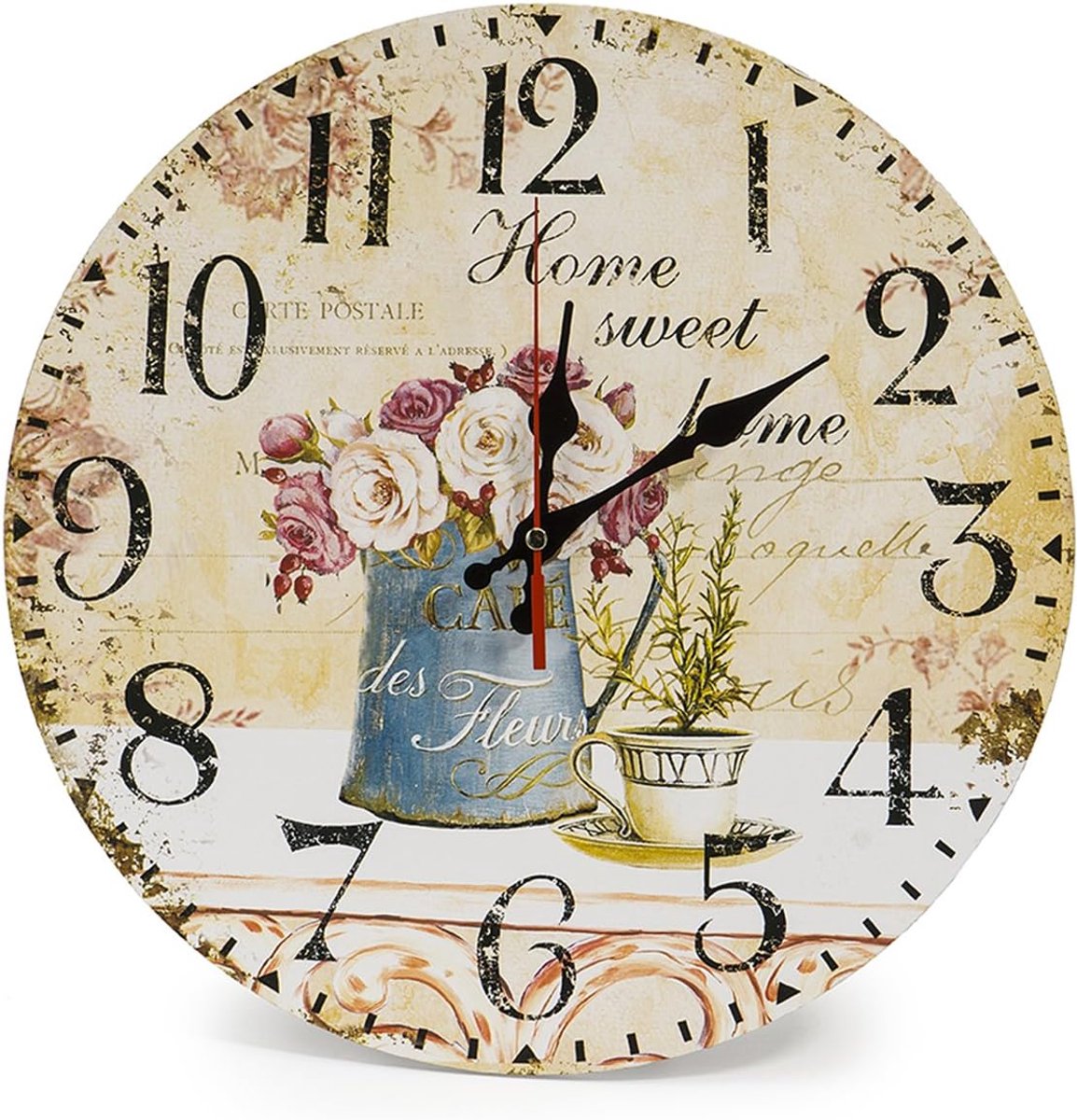 SnelShoppen - 30cm Houten Wandklok Keukenklok Landelijke Stijl Stille Niet-Tikkende Klok voor Keuken, Woonkamer, Kantoor en Slaapkamer (Café & Bloemen