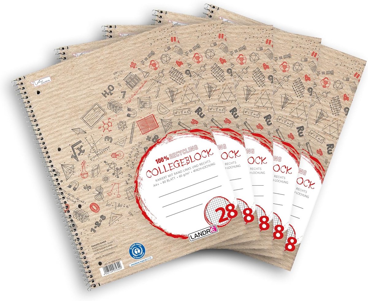 SnelShoppen - Collegeblok A4 Geruit Recycled 160 Pagina's - 5 Stuks - Perforated - Spiral Binding - Duurzaam Papier - Perfect voor Notities en School