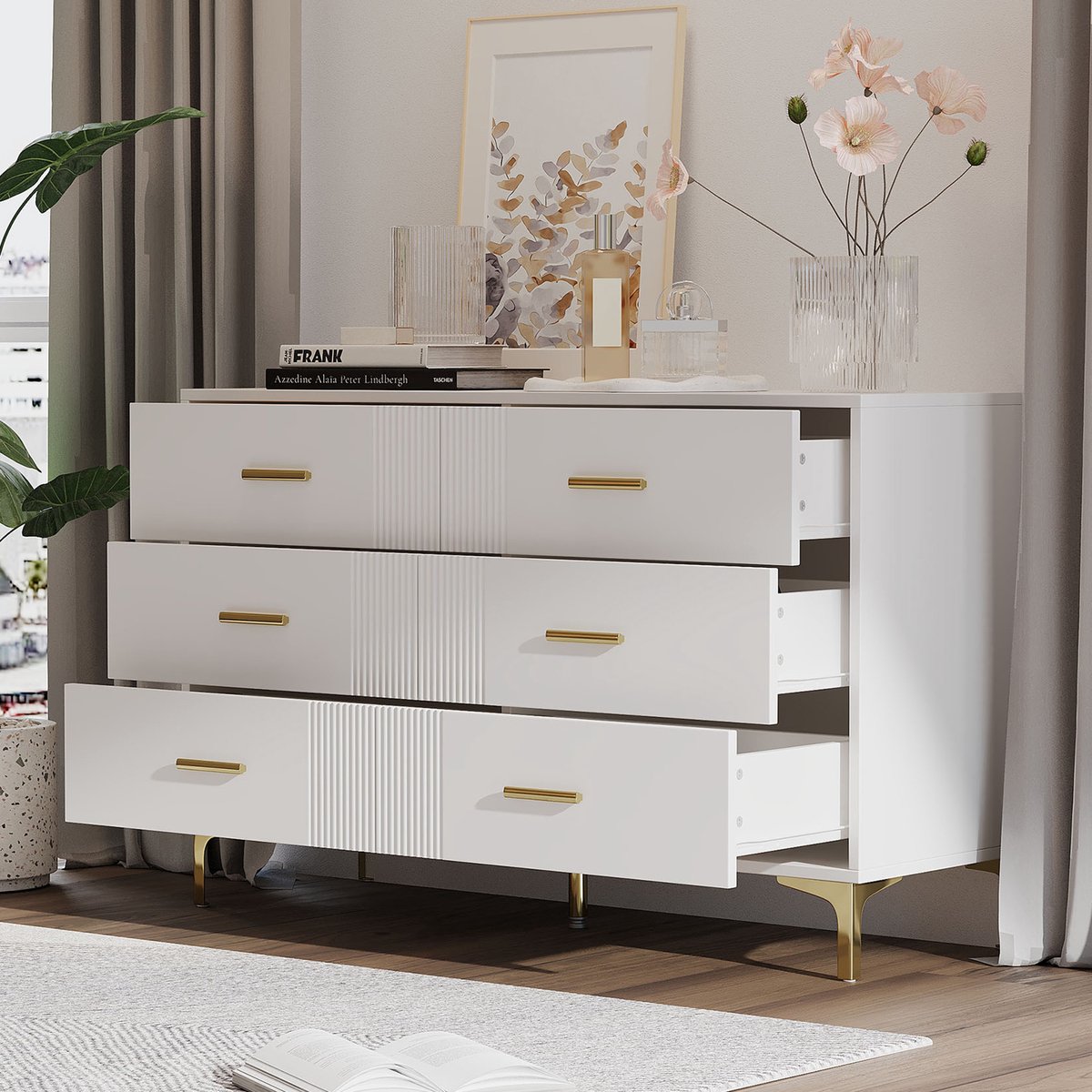 Wishdor - Dressoir - 6 laden - gegolfde fronten en ruime opbergruimte - modern - voor woonkamer en slaapkamer - houtlook - wit - 120 x 40 x 76 cm