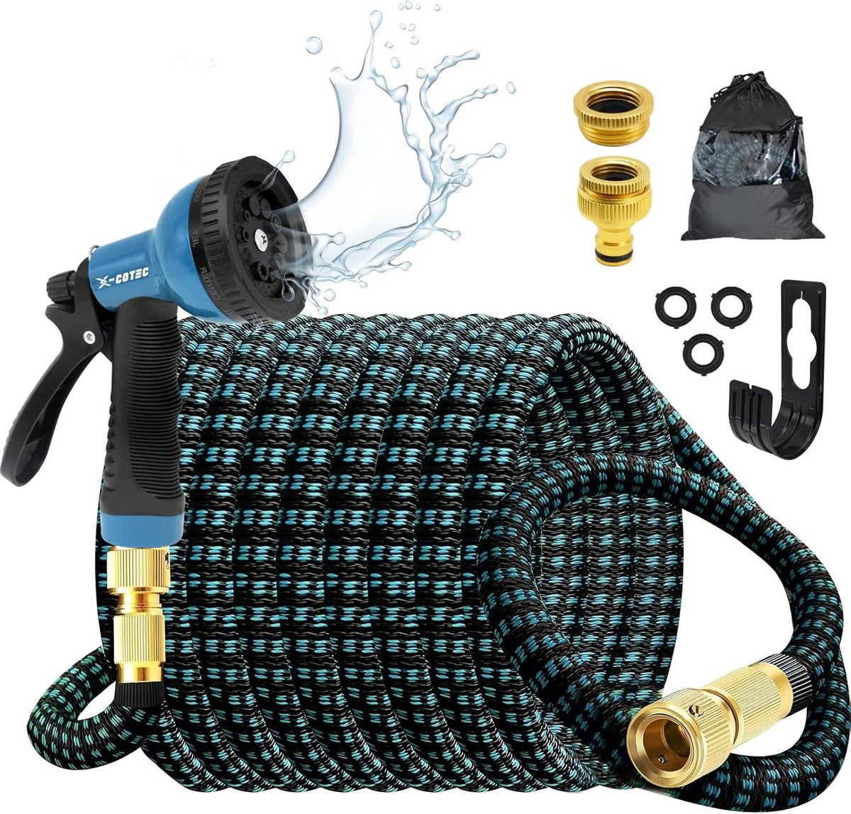 SnelShoppen - Tuinslang 15 m Flexibele Water Hose met 10 Functionele Spuitkoppen, Irrigatieslang met Messing Aansluitingen 3/4 Inch en 1/2 Inch voor T