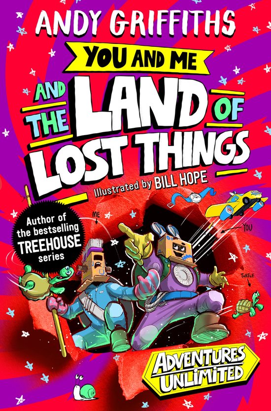 Boekcover van 'Andy Griffiths You and Me and the Land of Lost Things' met kleurrijke illustraties van twee personages in pakken met kartonnen dozen, een gele auto en schildpadden.
