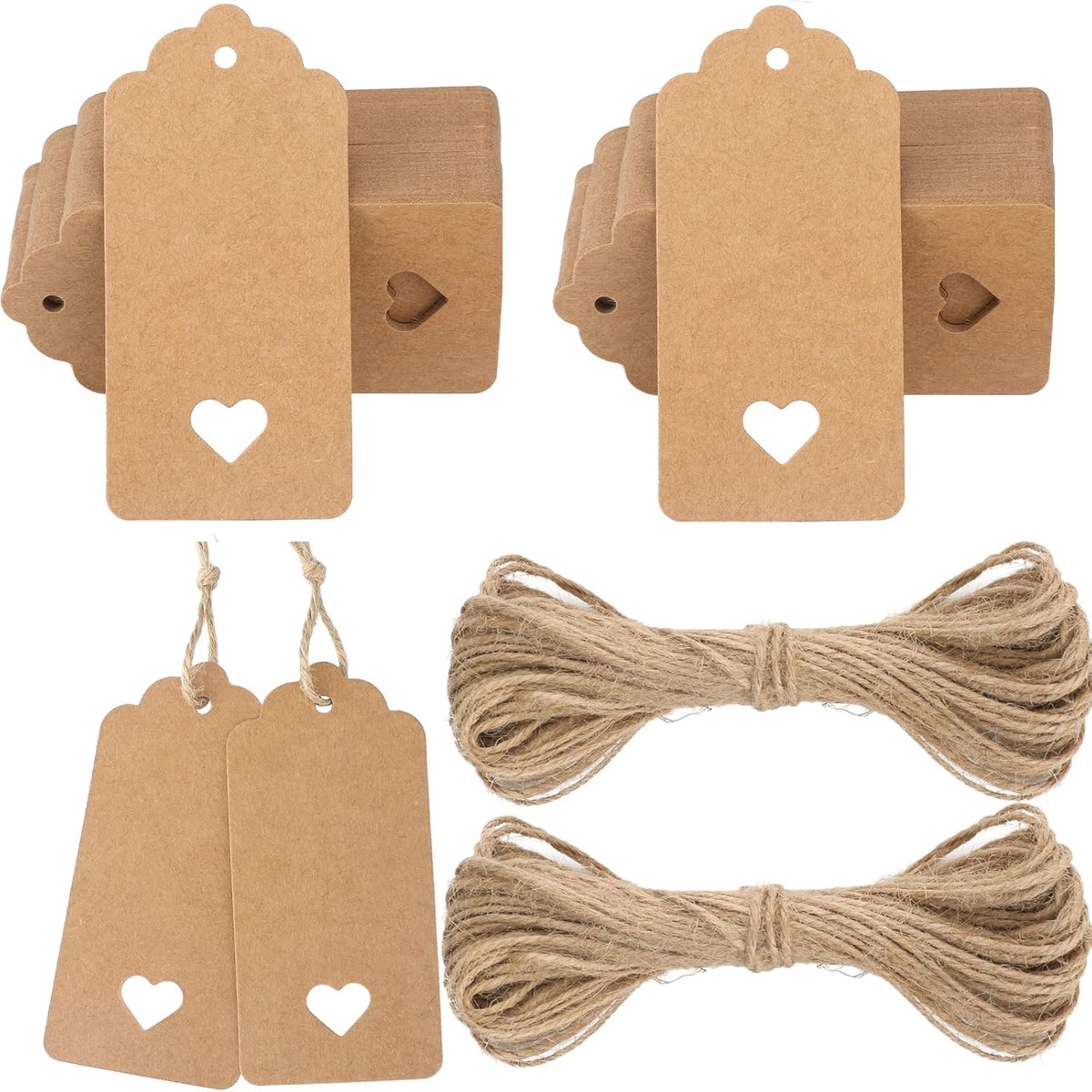 SnelShoppen - 100 Stuks Bruine Cadeau Labels, Kraft Papier Tags 4,5 x 9,5 cm, 300 g/m², Hartvormige Pendants met Koord voor Trouwen, Feest, Creatief G