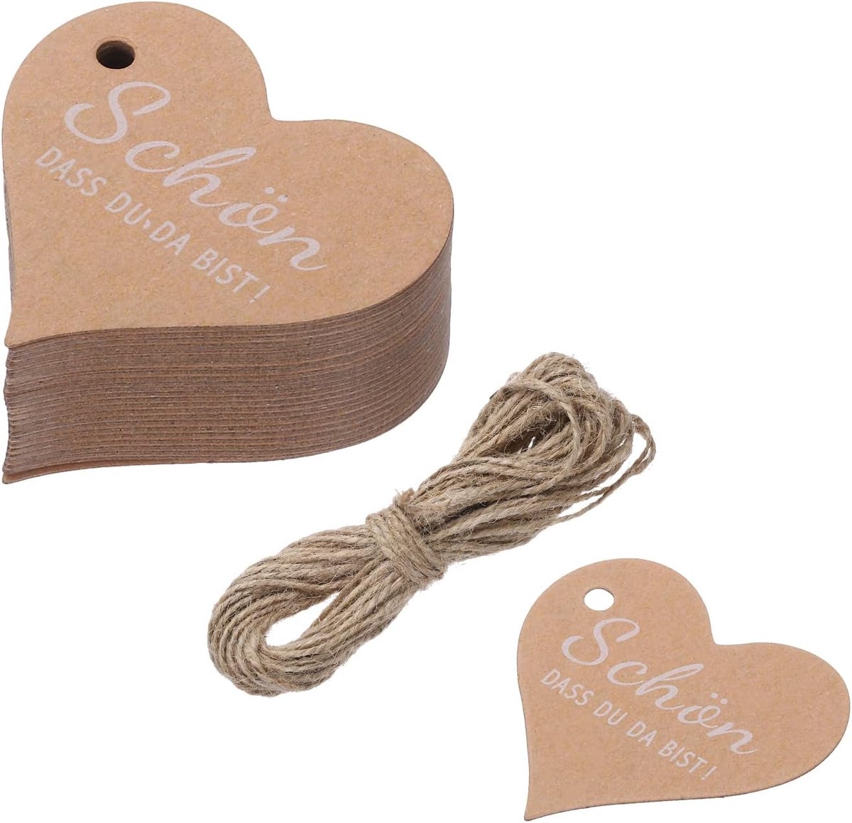 SnelShoppen - Pack van 50 Kraftpapier Cadeautags Hart met Jute Touw 20m - Perfect voor Kerst, Feesten en DIY Cadeauverpakkingen
