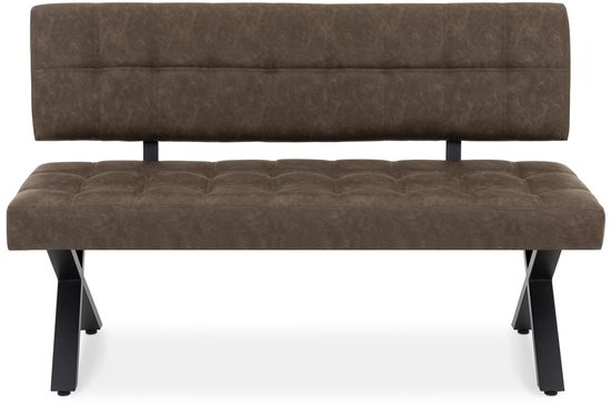 Eetkamerbank KAROSI in donkerbruin met vintage leerlook. De bank heeft een gecapitonneerd zitvlak en rugleuning, en zwarte metalen X-poten.