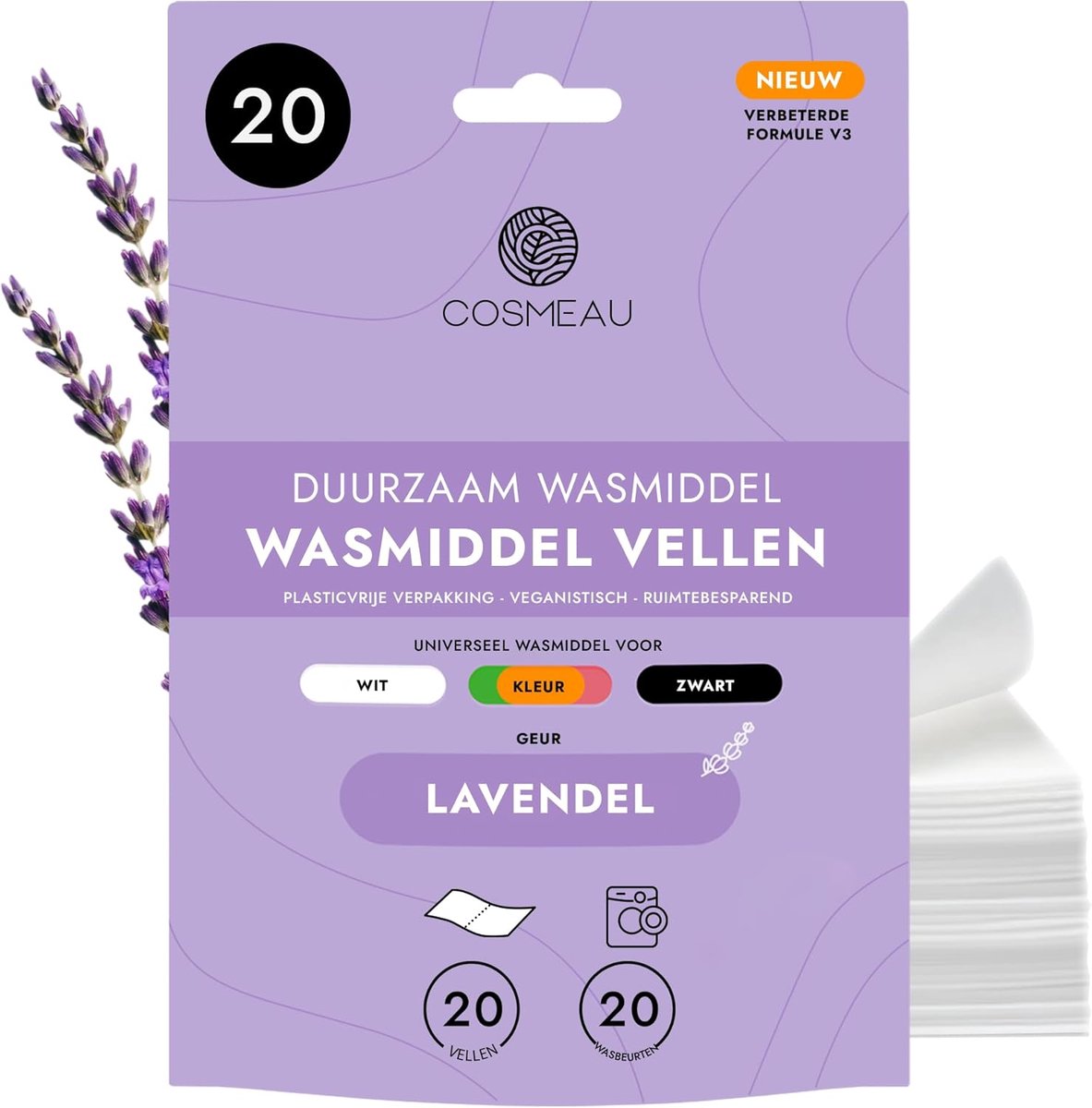 SnelShoppen - Cosmeau Wax Strips Lavendel – 20 Strips (10 Vellen) – Duurzaam Biologisch Afbreekbaar Wasmiddel voor Witte, Kleur en Zwarte Was – Ideaal