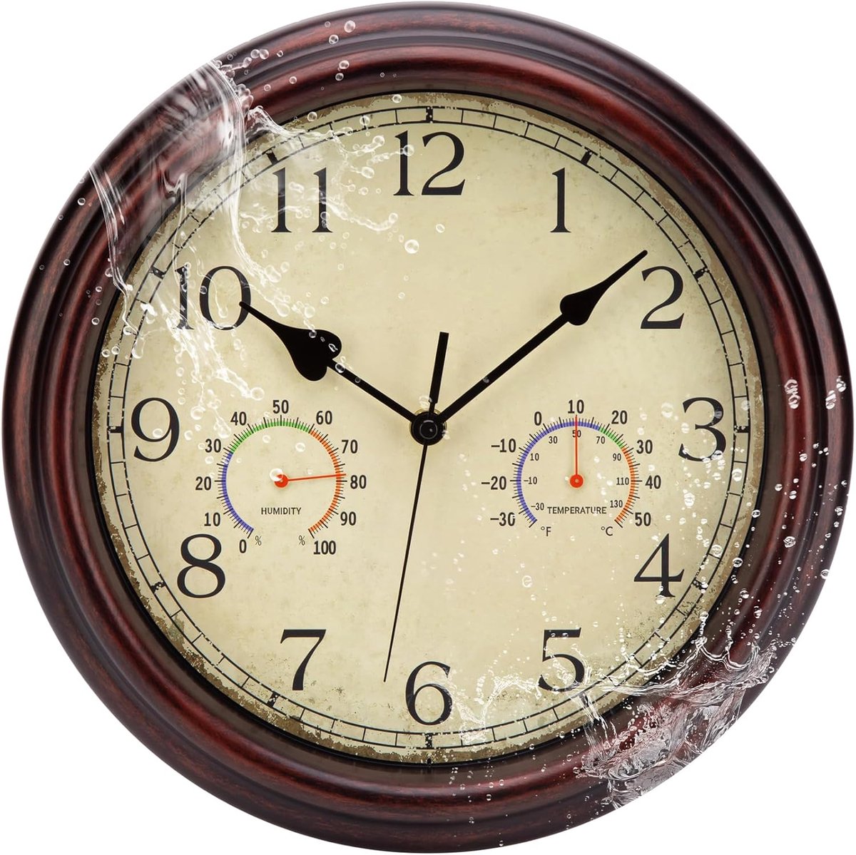 SnelShoppen - Waterproof Buitenwandklok met Thermometer en Hygrometer - 30 cm - Stille Wandklok zonder Tikken - Retro Bruin - Tuindecoratie