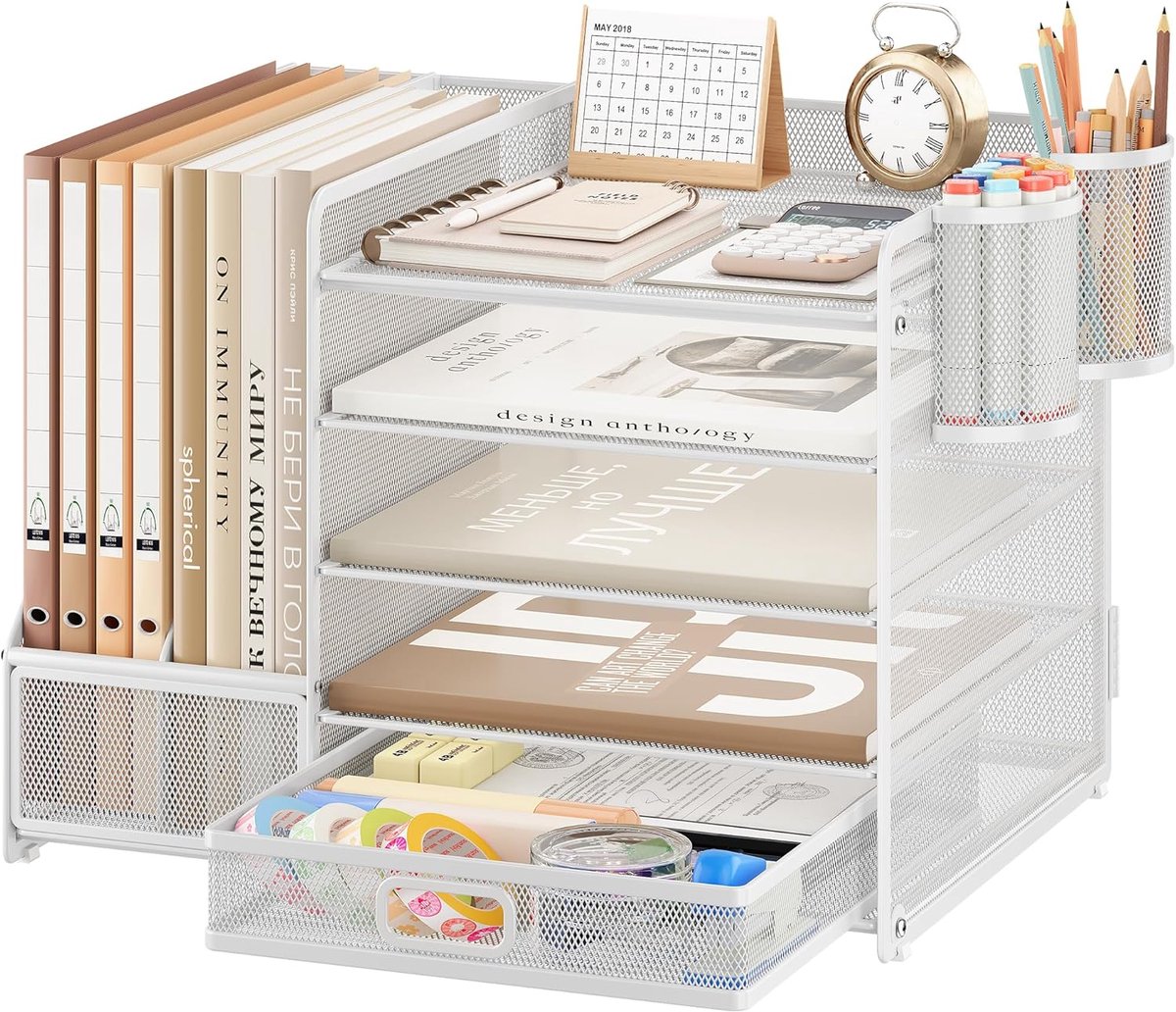 SnelShoppen - Desk Organizer 5 Laags Letter Tray met Lades, Bestandenhouder met 2 Pennenhouders, A4 Documenten Organizer, Wit, Bureau Accessoires