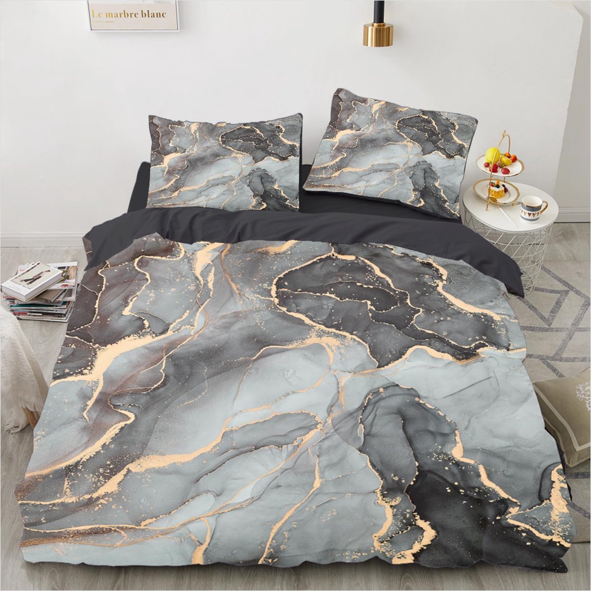 SnelShoppen - Luxe 3D Marmer Dekbedovertrek Set 135 x 200 cm - Grijs met Gouden Metallic Glitter - Microvezel Reversible Bedlinnen Set voor Moderne Sl