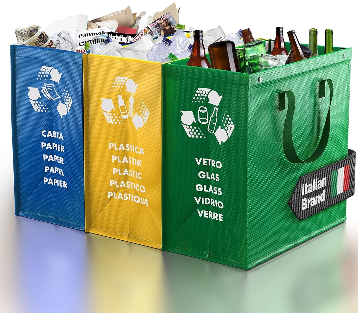 SnelShoppen - Prullenbak 3 Vakken - Afvalscheidingssysteem voor Papier, Glas en Plastic - Duurzame en Herbruikbare Organizerzakken - Milieuvriendelijk