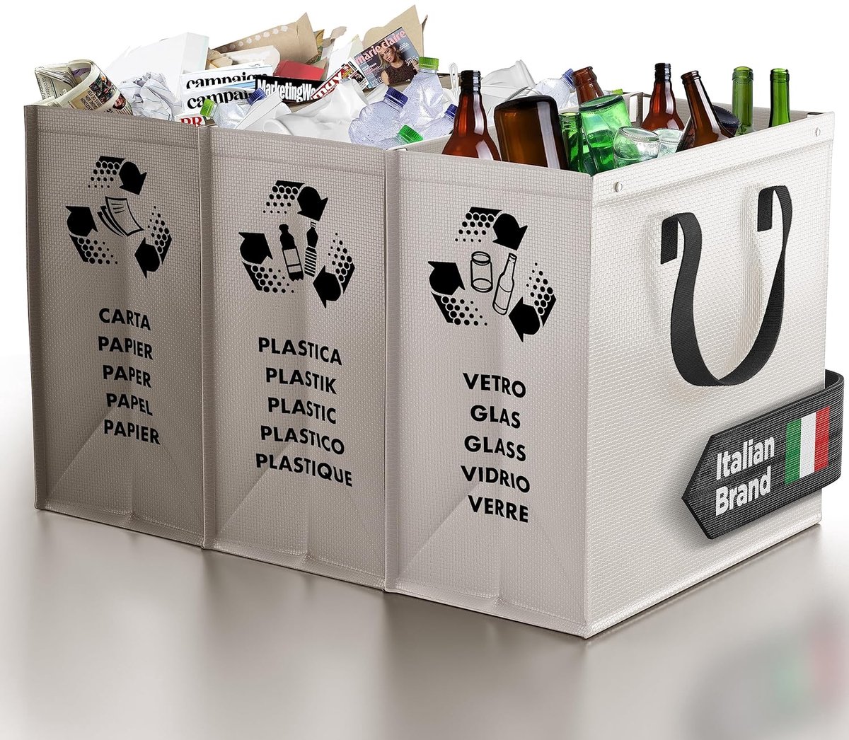 SnelShoppen - Prullenbak 3 vakken - Afvalscheidingssysteem voor Papier, Glas en Plastic - Milieuvriendelijke Recycling Organizerzakken van Duurzaam He