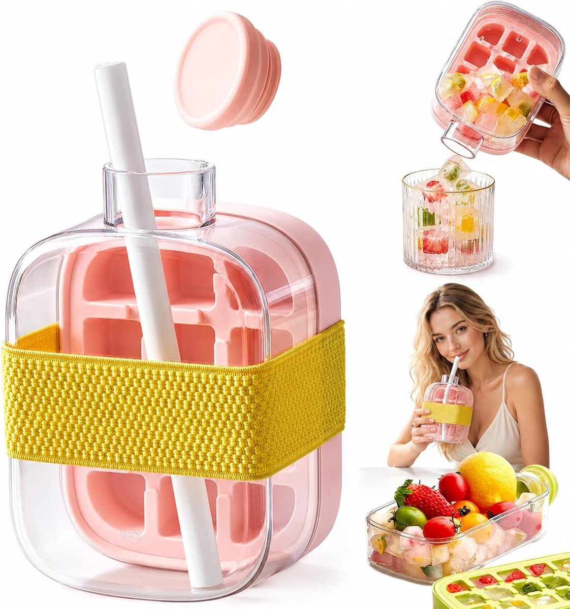 SnelShoppen - 2in1 Roze IJsFles en IJsblokjeshouder Siliconen met Deksel, Mini IJsblokjesvorm, Lekvrij met Druk op de Knop, BPA-Vrij voor Feestjes, Tu