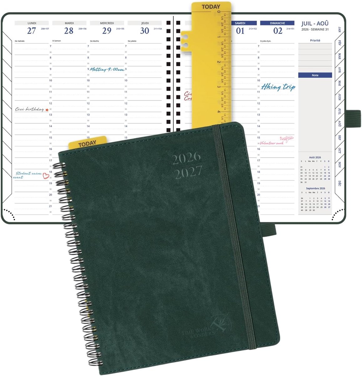 SnelShoppen - Agenda 2026-2027 Weekplanner Mosgroen, Afsprakenkalender met Ringband en Softcover, 17,6 x 21,4 cm, 2 Pagina's per Week met Traptabs voo