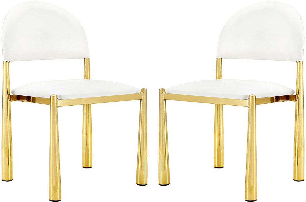 MEUNIQ set van 2 eetkamerstoelen met halfronde rugleuning, gewatteerde zitting van kunstleer en metalen poten, 80 cm hoog, wit, voor eetkamer of keuken