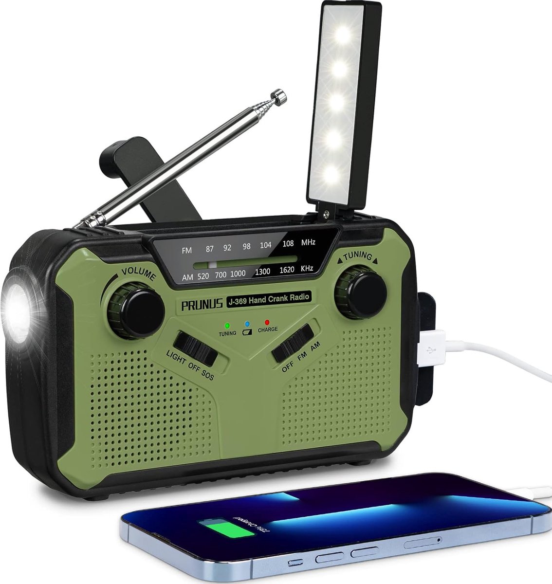 SnelShoppen - PRUNUS J-369 Solar Radio, Draagbare FM/AM Swivel Radio met 3000mAh Accu, Noodradio met SOS Sirene en Zaklamp voor Camping, Buitenactivit