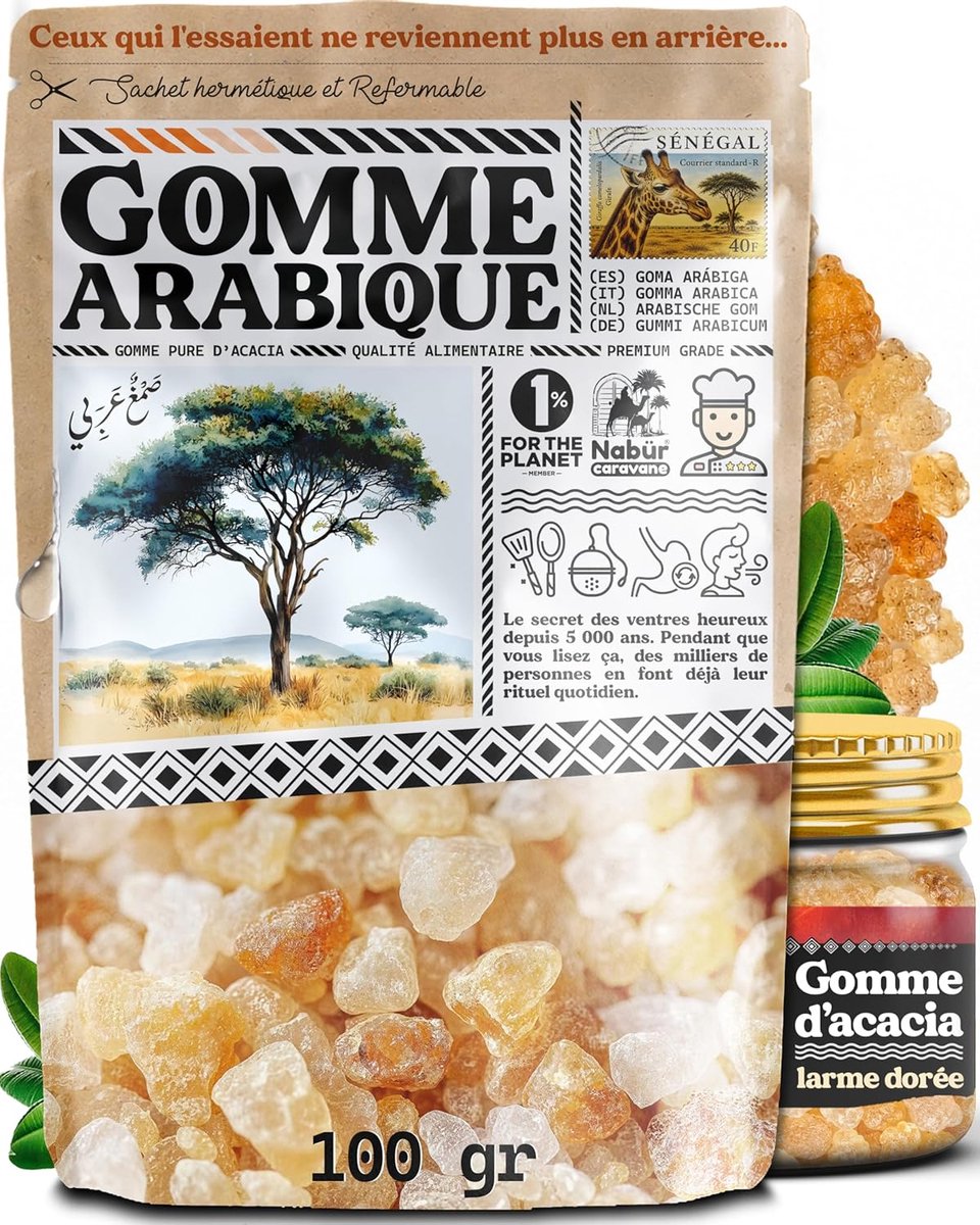 Thijox - 100 g Arabische gom, acacia-gom - 100% natuurlijk zonder additieven - Verlichting van doorgang, verdikking keuken - Perfect voor koken en bak