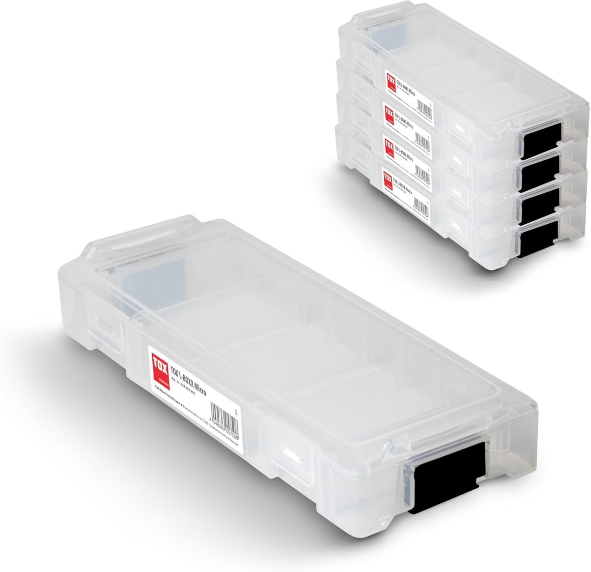 SnelShoppen - L-Boxx Micro Set van 5 - Stapelbare en Klikbare Opbergdozen voor Kleine Onderdelen, Transparant, Verdeelbaar in 8 Compartimenten voor Sc