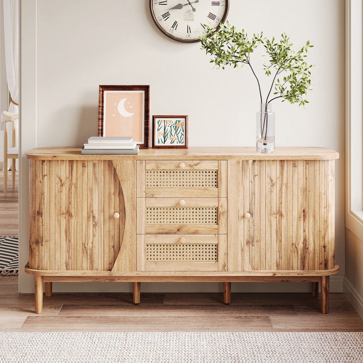 Wishdor - Dressoir - 3 laden en schuifdeuren met verstelbare planken - landelijk modern - woonkamer of hal - houtlook en rotan - naturel - 140,5 cm