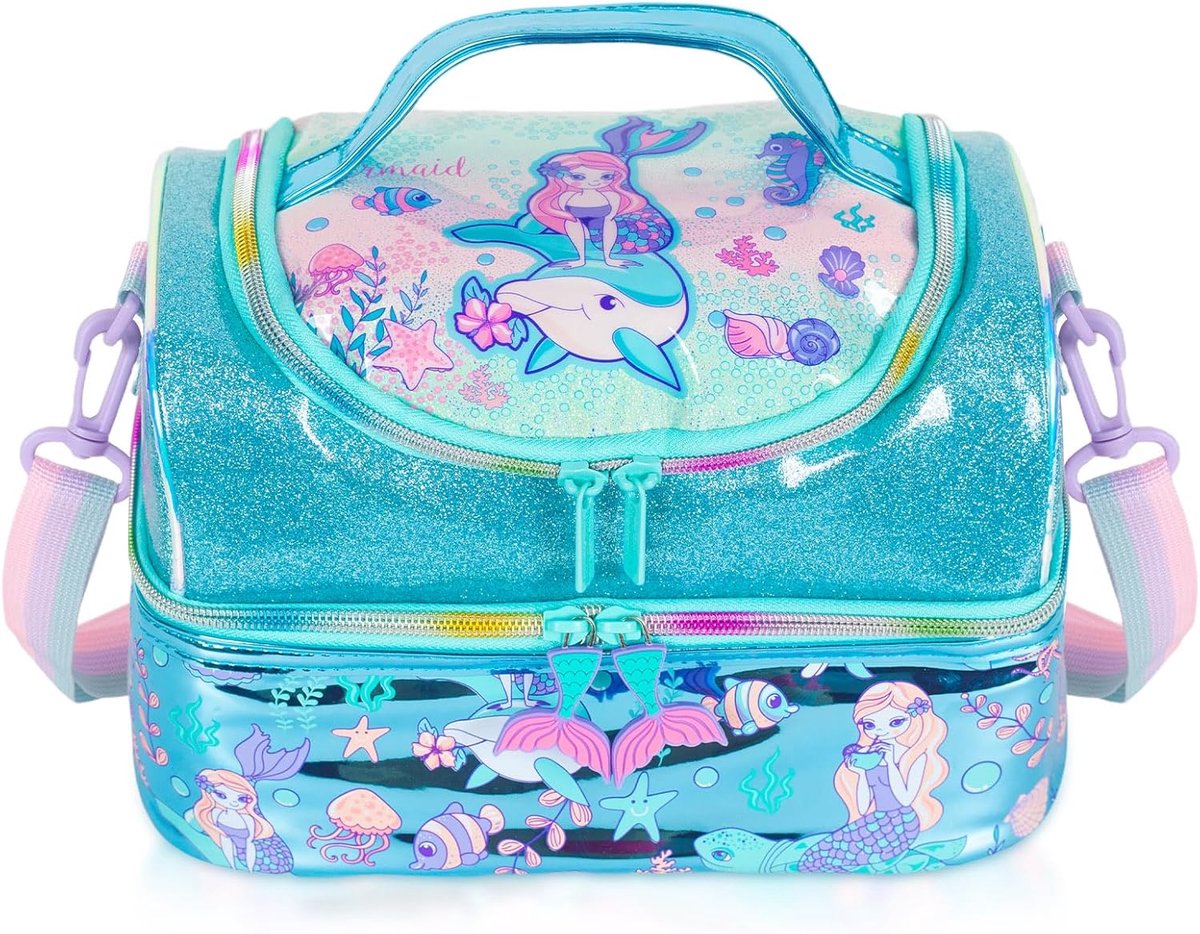 SnelShoppen - Grote Geïsoleerde Lunchtas voor Kinderen en Volwassenen - Dubbeldek Cooler Bag met Verstelbare Schouderband - Unicorn (Mermaid-B) - Perf