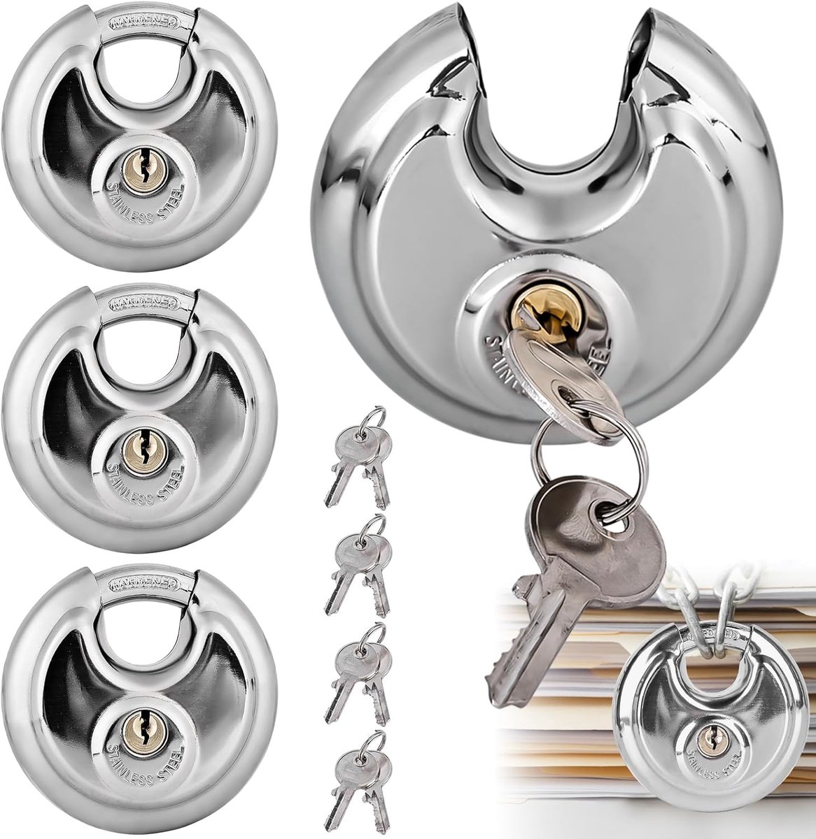 SnelShoppen - 4 stuks Ronde Hangslot met 8 Sleutels, 70mm Weerbestendig RVS Hangslot met 9mm Schakel, Veiligheidslock voor Tuin, Camping, Fietsen
