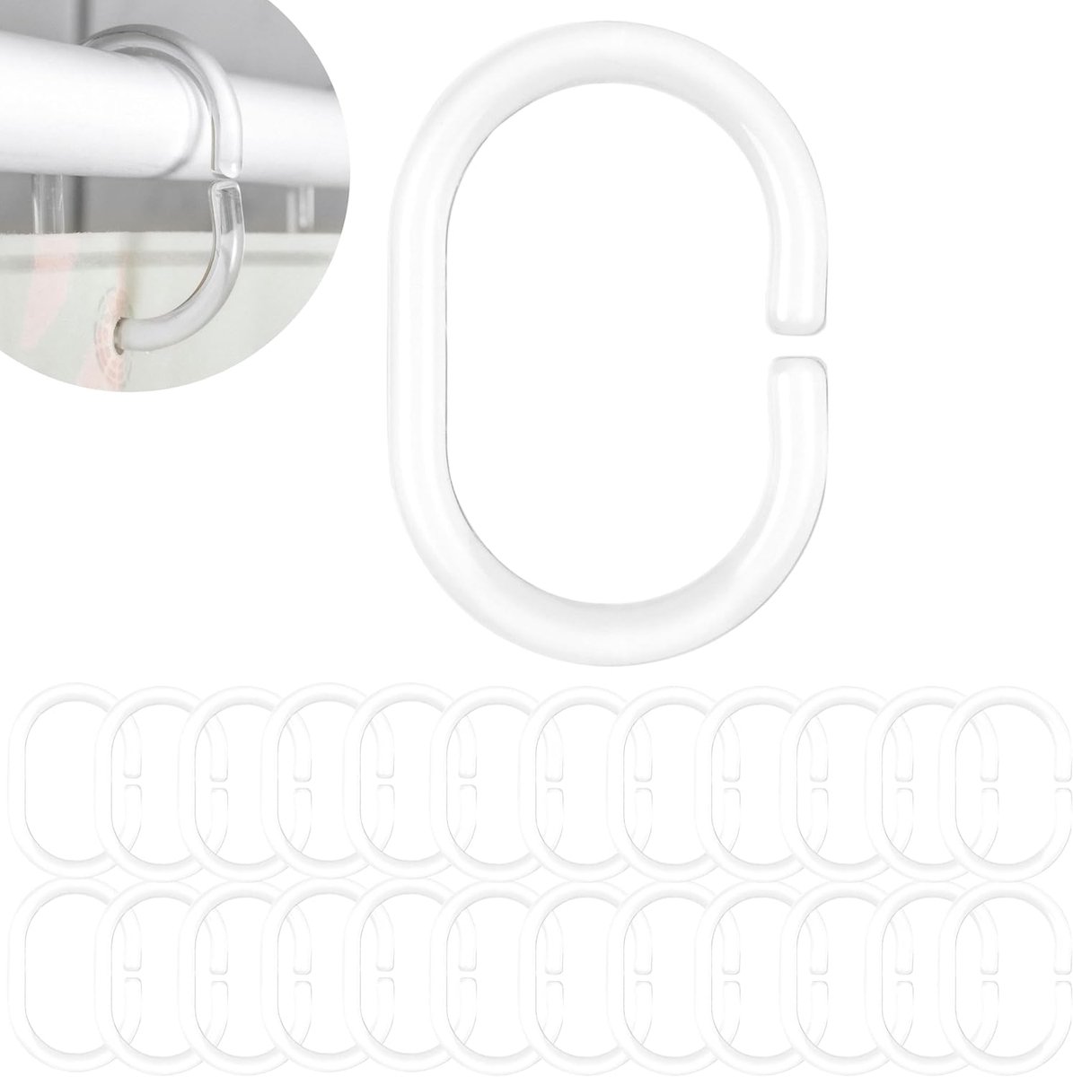 SnelShoppen - 24 Transparante Douchegordijnringen C-vorm, Diameter 46 x 29 mm, Geschikt voor Douchegordijnstangen tot Ø 4 cm, Ideaal voor Badkamer, Do