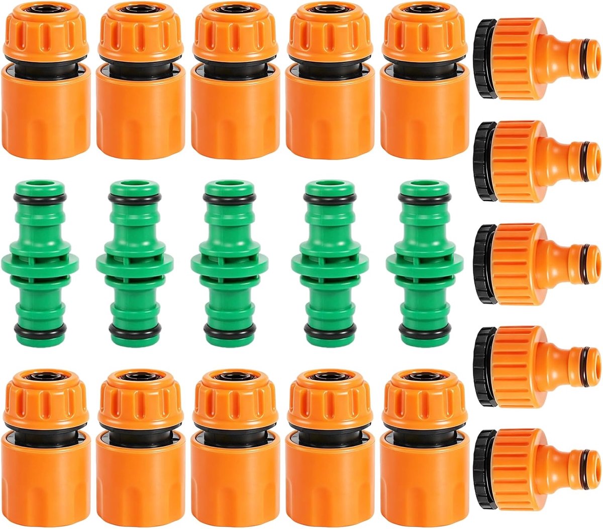 SnelShoppen - 20pcs Tuinslang Connector Set, 10 Slang Fittingen met 5 Kraan Connectors en 5 Fittingen, 1/2 Inch en 3/4 Inch Tuinslang, Verbindingstuk
