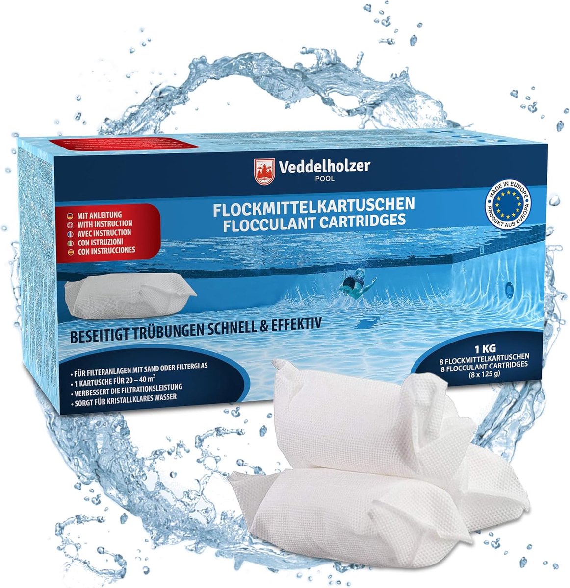 SnelShoppen - Flocculant voor Zwembaden 1 kg - 8 x 125 g - Voor Zand- en Glasfilter - Poolreiniger en Onderhoudsproduct - Kristalhelder Water