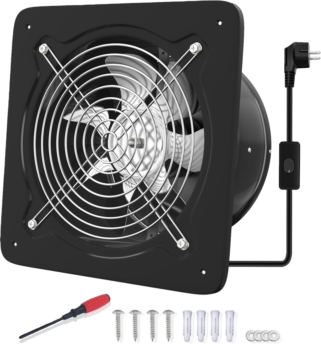 SnelShoppen - Ventilator 200 mm, 980 m³/h, Stille Badkamer Ventilator met Terugslagklep, Krachtige Wandventilator voor Keuken, Badkamer, Garage, Zwart