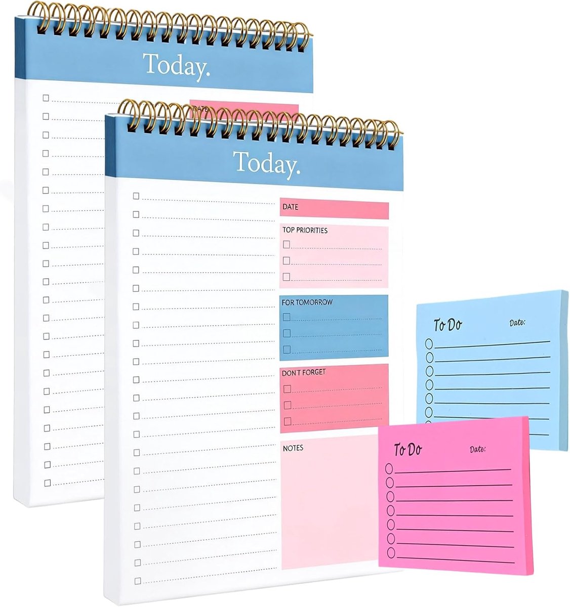SnelShoppen - 2 Pack To Do List Notebooks A5 - Ongeorganiseerde Dagelijkse Planner met 100 Pagina's, Roze en Blauw Sticky Notes, Spiralen Notitieboek