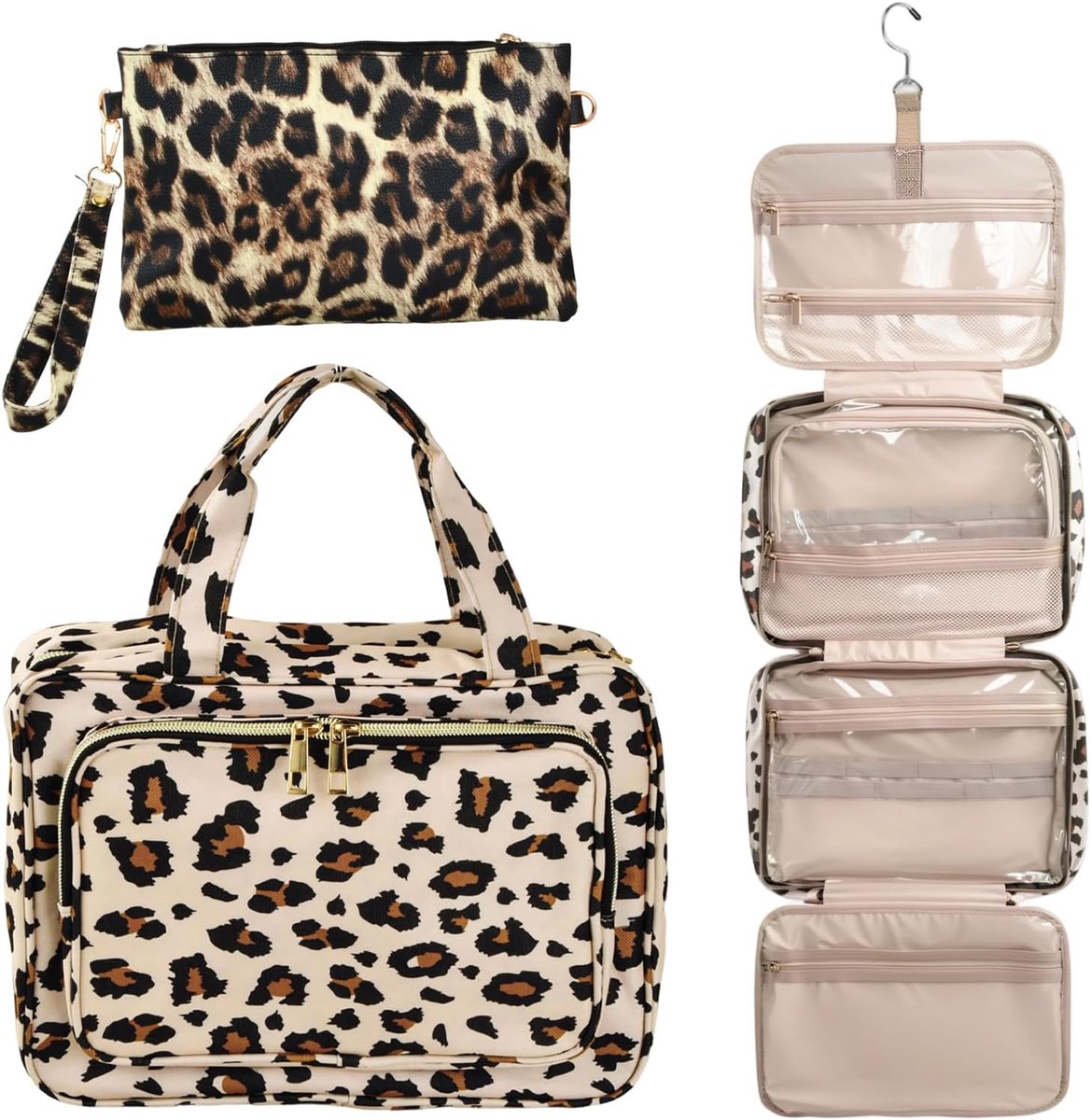 SnelShoppen - Dames Toilettas Reistas Make-up Tas met Haak, Hangende Toilettas voor Essentiële Benodigdheden, Leopard Patroon, Waterdicht Polyester, 4
