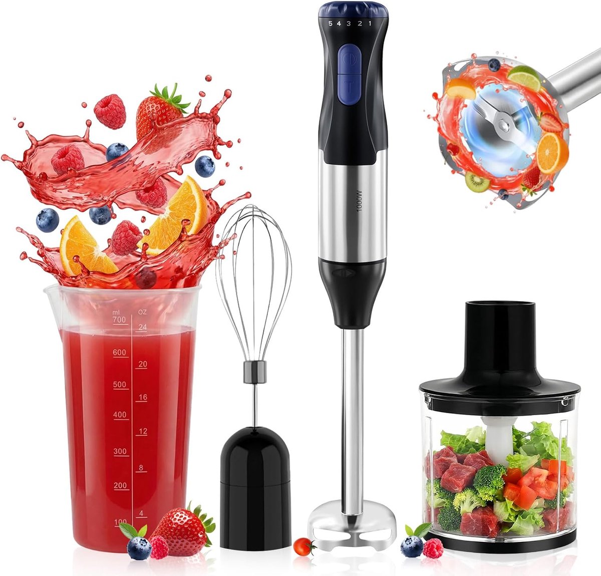 SnelShoppen - 1000 W Multifunctionele Handmixer 4-in-1 met 5 Snelheden, Turbo, Spatwaterdicht, Roestvrijstalen Garde, 500 ml Hakmolen, 700 ml Maatbeke