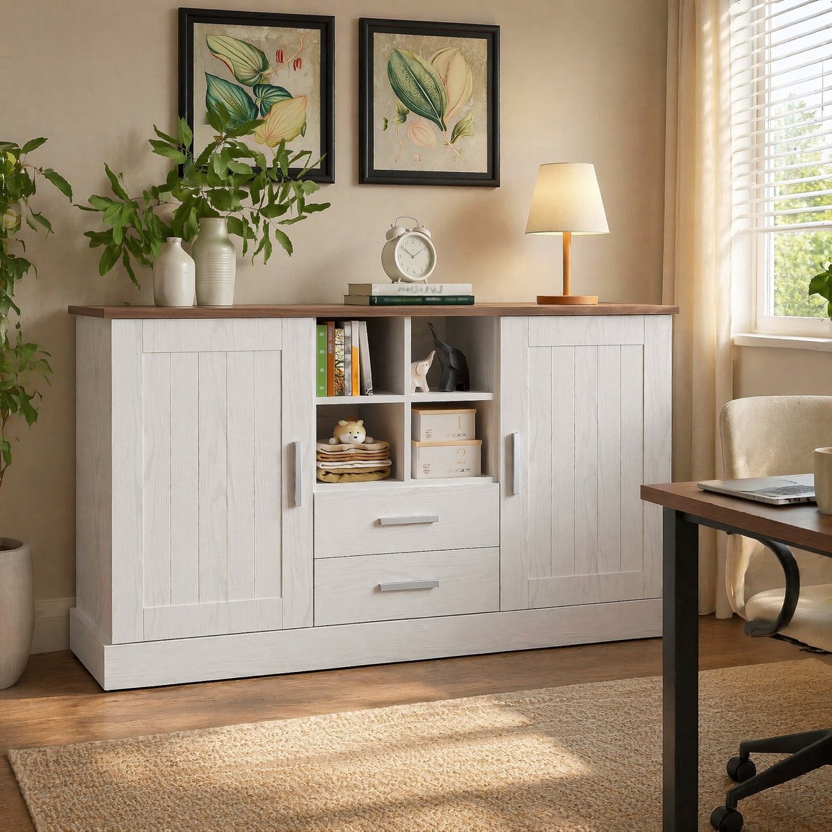 Wishdor - Dressoir - 2 deuren en 2 lades - 4 open vakken met soft-close - modern en rustiek - woonkamer of eetkamer - houtlook - wit en bruin - 140 x 40 x 79,5 cm