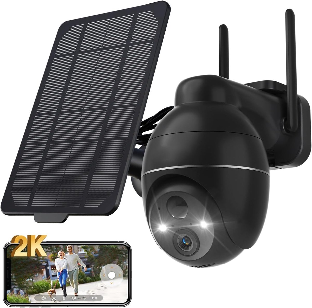 SnelShoppen - 2K WiFi Beveiligingscamera Draadloos Zonnepaneel 360° PTZ Buiten Camera Nachtzicht PIR Detectie Twee-Weg Audio Zwart