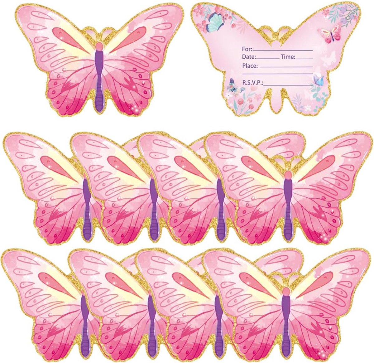 SnelShoppen - 10 x Vlinder Verjaardagsuitnodigingen voor Kinderen, Feest, 10 x 15 cm, Kleurrijk, Kinderfeestjes, Betoverende Motieven, Uitnodigingen v