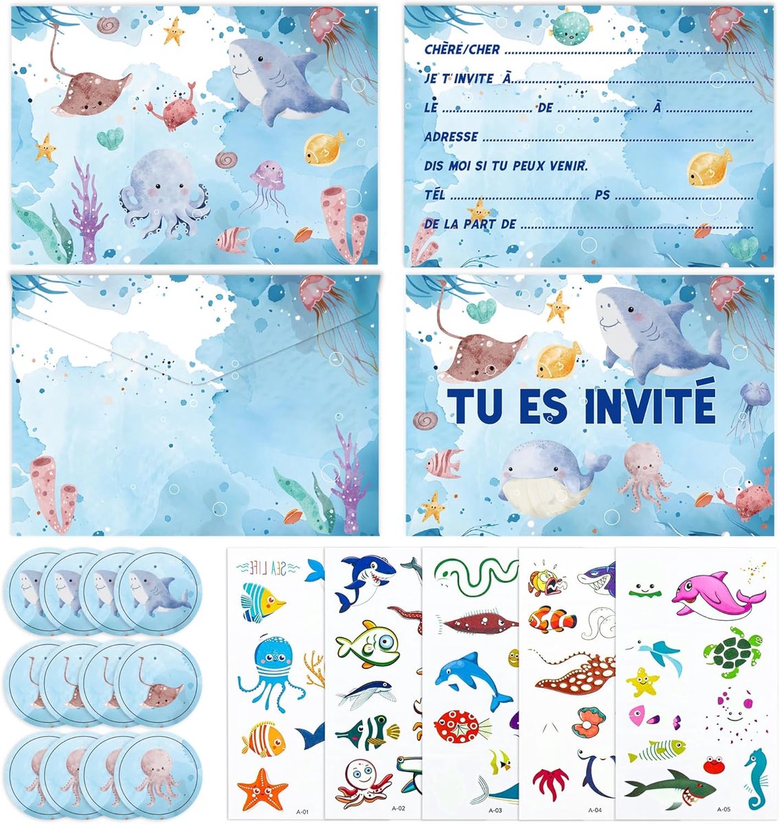 SnelShoppen - Onderwater Wereld Verjaardagsuitnodigingen voor Kinderen, 12 Kaarten met Enveloppen, Stickers en Tattoos voor Feestjes, Kleurig en Compl