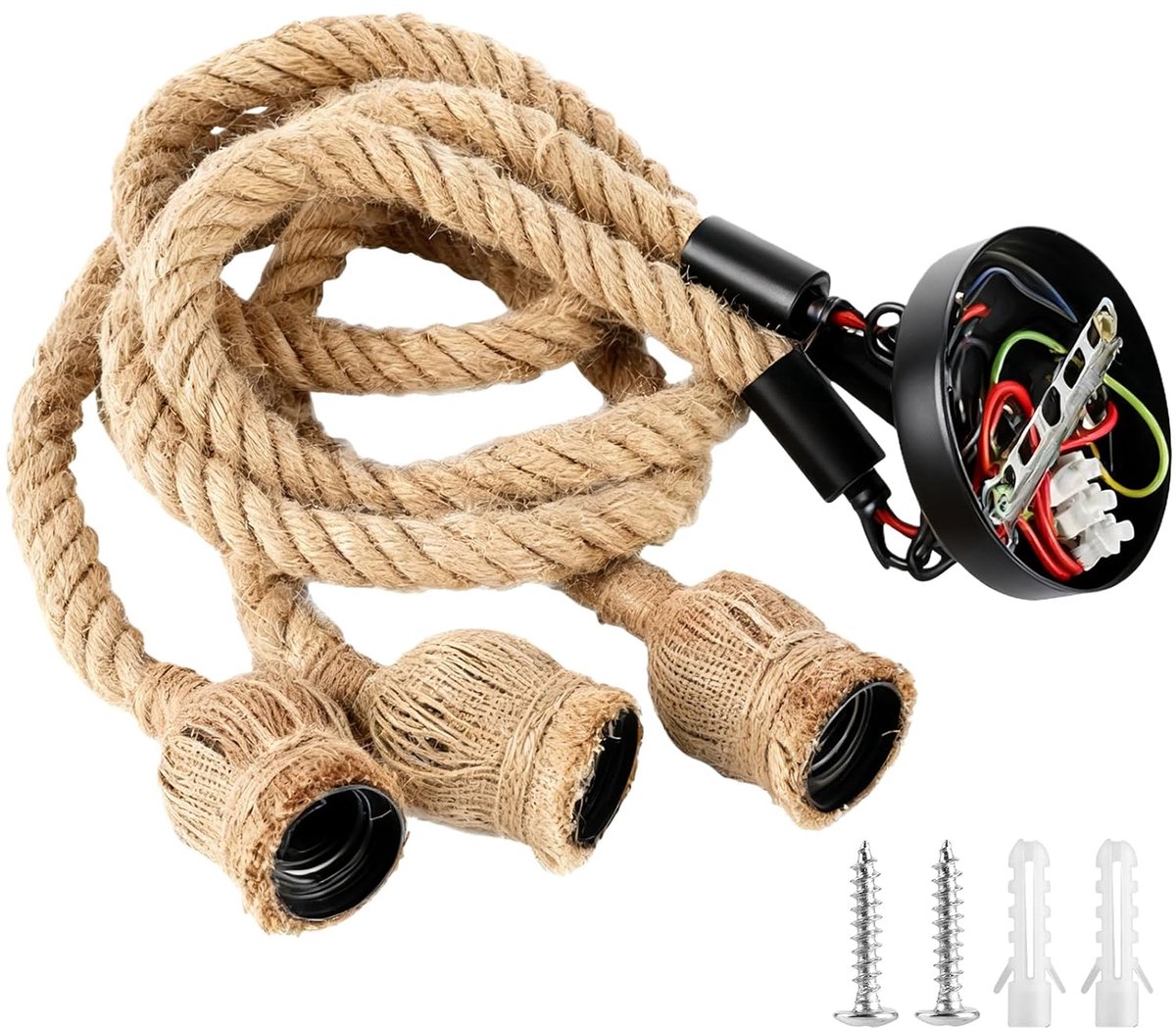SnelShoppen - Vintage Industriële Hanglamp van Jute Touw met E27 Fitting en Textiel Kabel, Perfect voor Slaapkamer en Woonkamer, Natuurlijk en Duurzaa