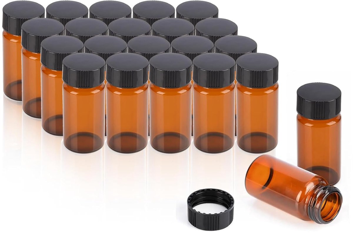 SnelShoppen - 20 Stuks 20ml Bruine Glasflesjes met Deksels, Laboratorium Vials met Zwarte Schroefdoppen en PE Liner, Perfect voor Monsters, 27.5 x 57m