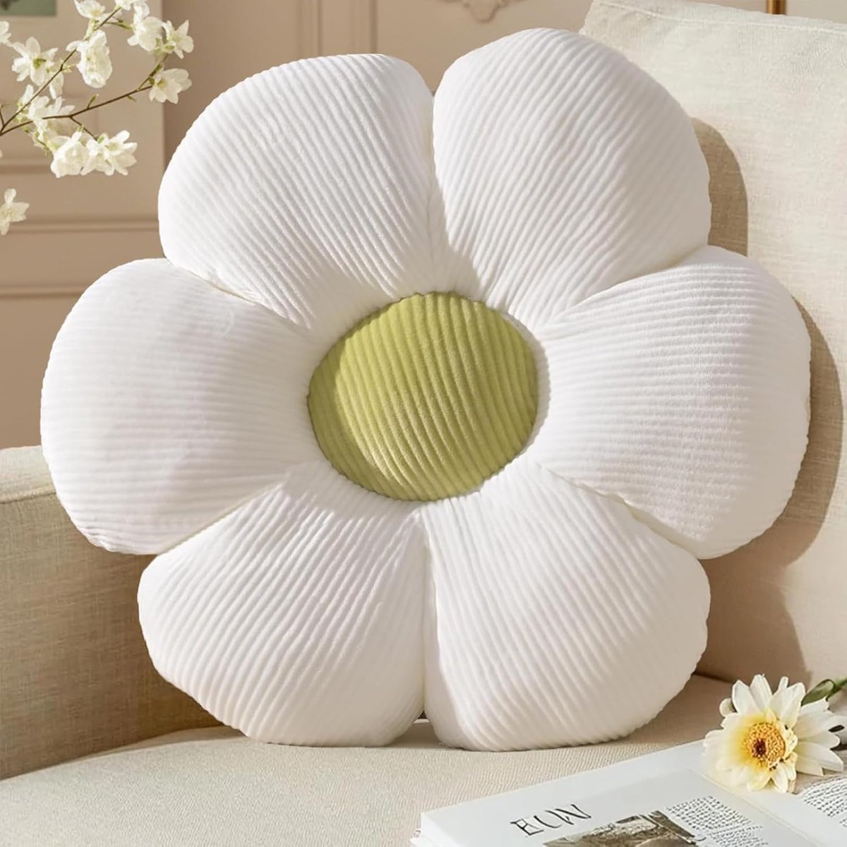 SnelShoppen - Bloemen Kussen Wit, Zitkussen voor Vloer Decoratie, Slaapkamer Aesthetic, Kaarsenhouder Decoratief Kussen Kinderkamer, Preppy Kamer Deco