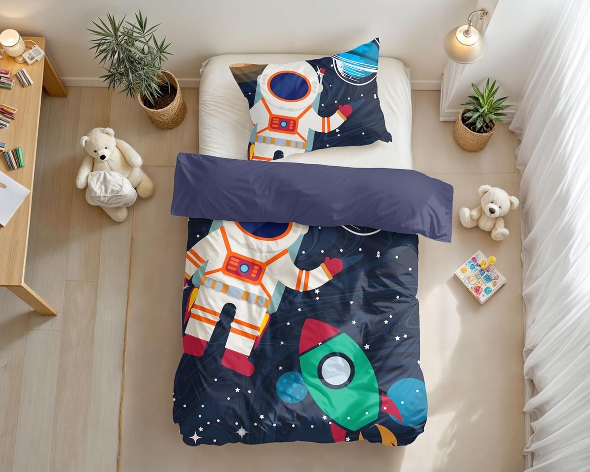 SnelShoppen - Kinder Dekbedovertrek Ruimte Thema 140x200/220 - Astronaut & Raketten - Hypoallergene Microfiber - Inclusief Kussensloop - Wasbaar & Dro
