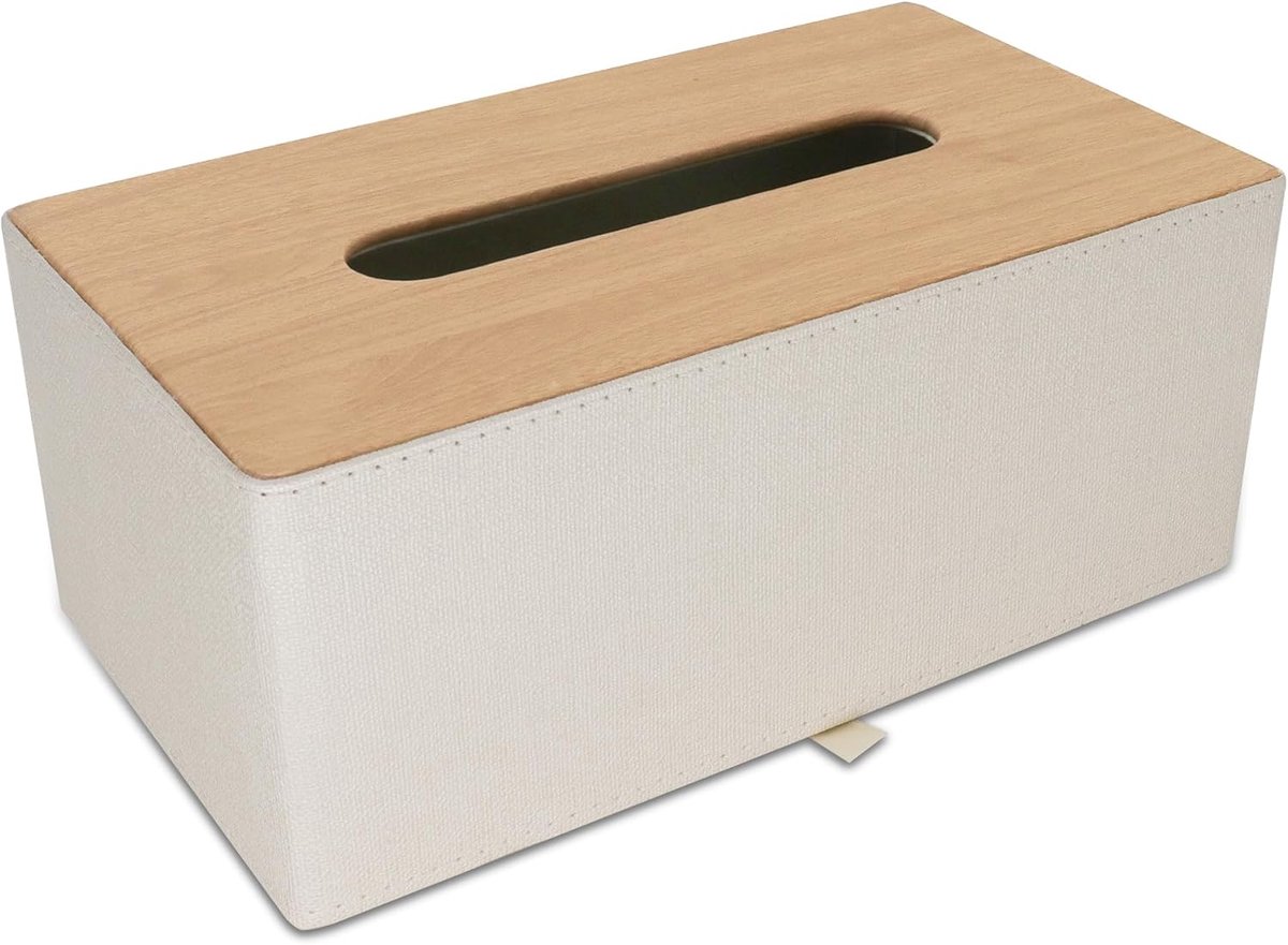 SnelShoppen - PU Lederen Cosmeticadoekjesdoos en Zakdoekhouder voor Bureau - Papieren Handdoekdispenser - Beige - 25 x 14 x 10 cm - Perfect voor Kanto
