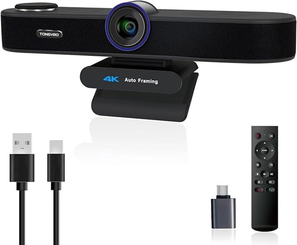 Thijox - KI Automatische Tracking 4K Webcam met Microfoons en Luidsprekers, ePTZ Webcamera met 5-voudige Digitale Zoom, Afstandsbediening, Conferentie