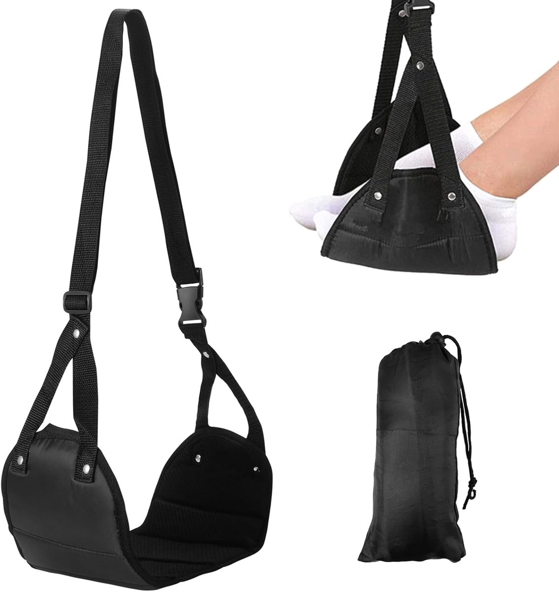 SnelShoppen - Voetsteun Hangmat voor Vliegtuig, Verstelbare Reis Voetensteun, 60-90cm, Lichtgewicht Schuim, Ideaal voor Kantoor, Auto, Trein, Zwart