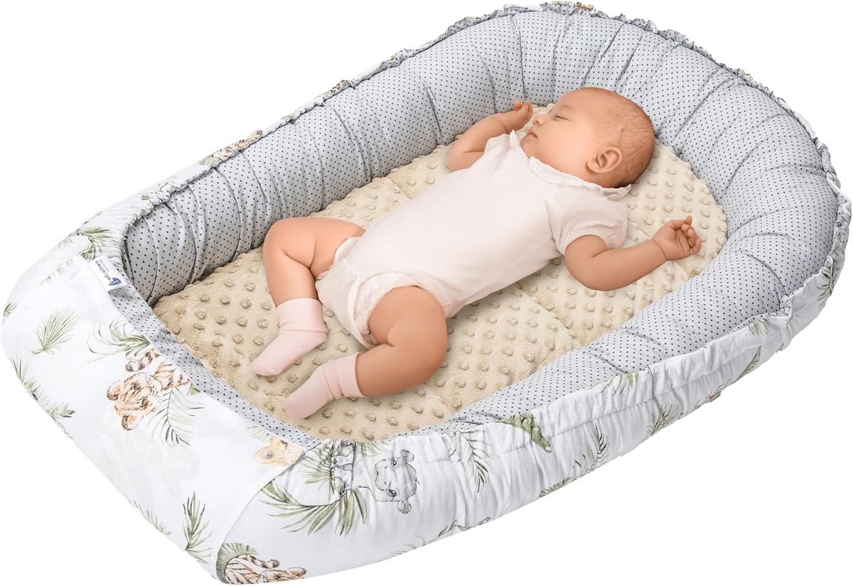 SnelShoppen - Baby Nest Cuddle Nest 100x60cm voor Baby's - 100% Katoen - Reiskussen - Safari met Beige Minky - Comfortabel en Veilig